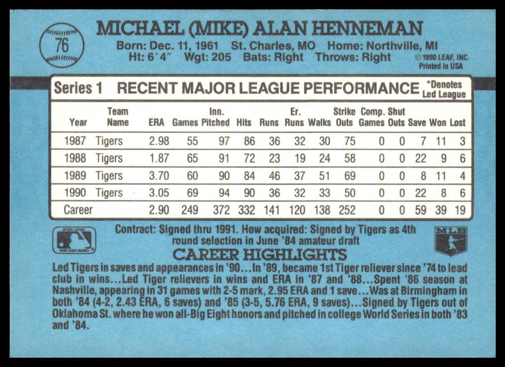 Mike Henneman #76 1991 Donruss Detroit Tigers