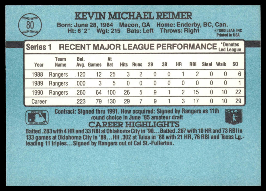 Kevin Reimer #80 1991 Donruss Texas Rangers