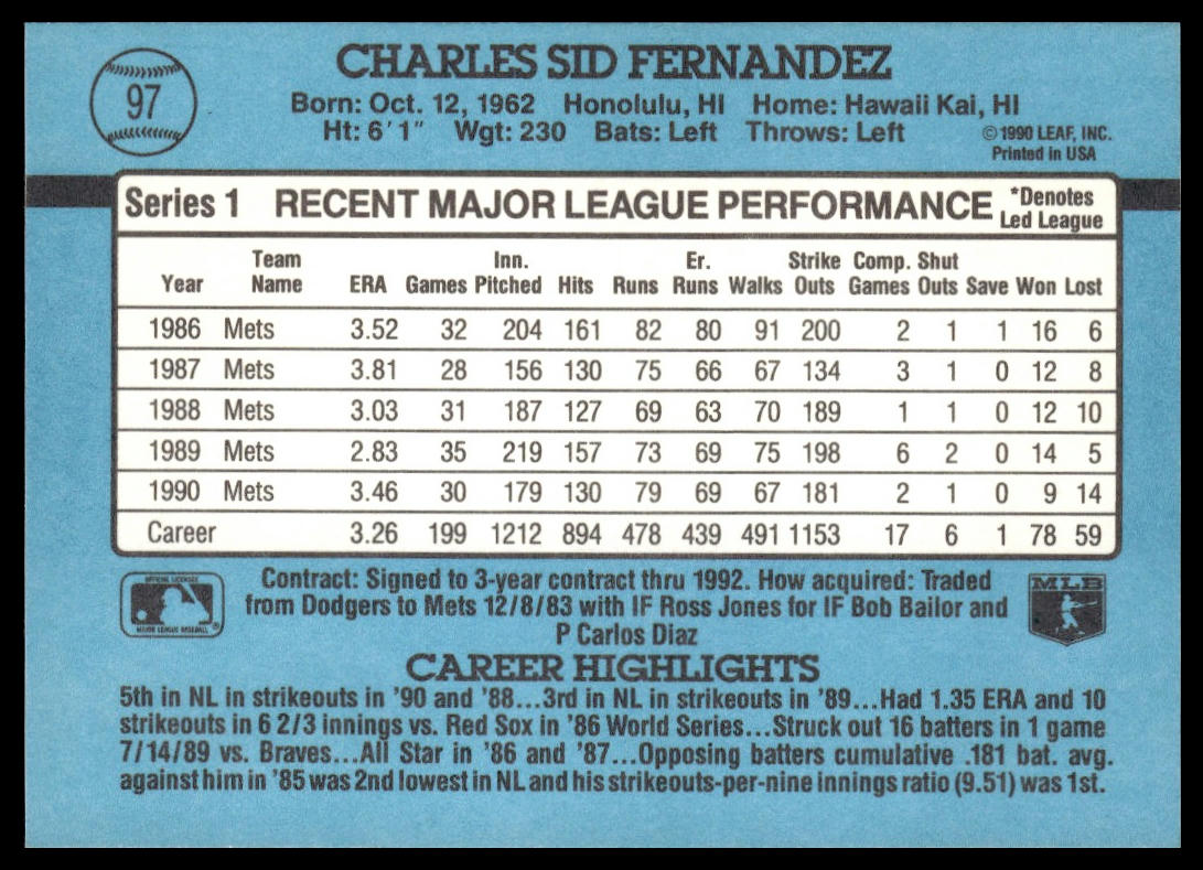Sid Fernandez #97 1991 Donruss New York Mets