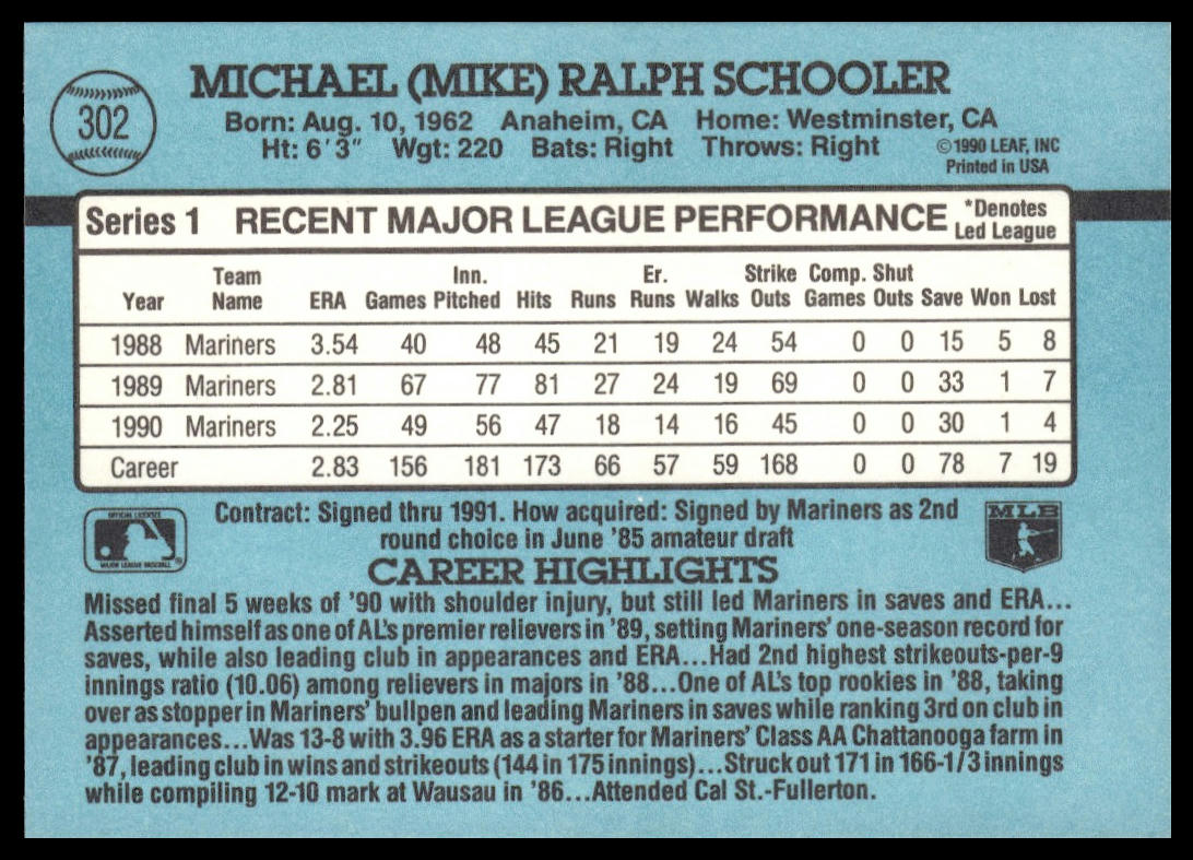 Mike Schooler #302 1991 Donruss Seattle Mariners