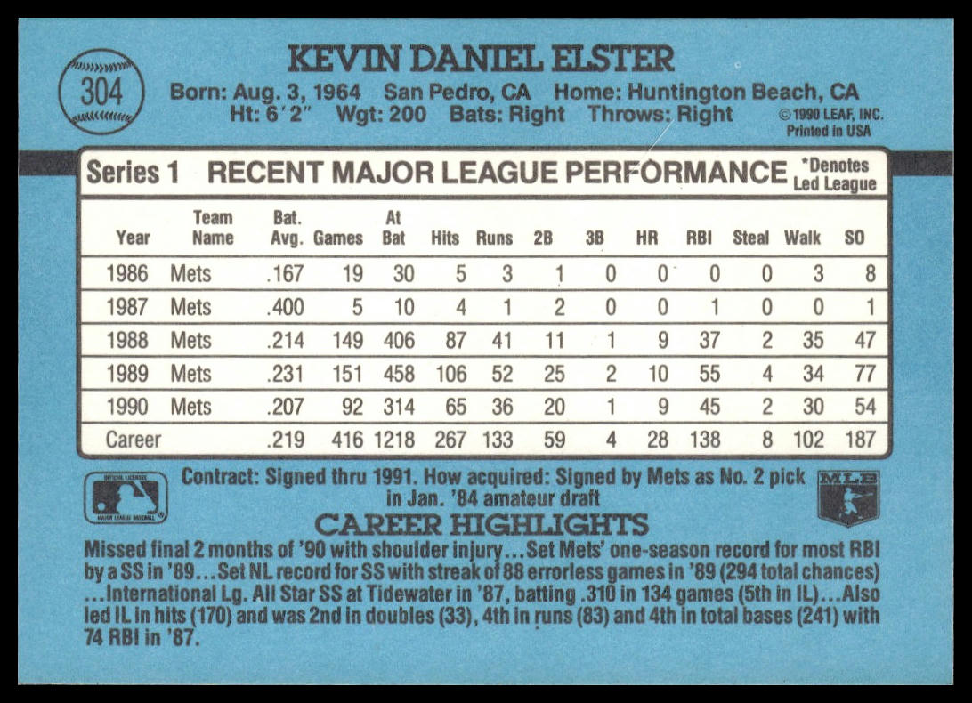 Kevin Elster #304 1991 Donruss New York Mets