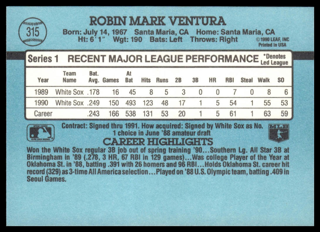 Robin Ventura #315 1991 Donruss Chicago White Sox
