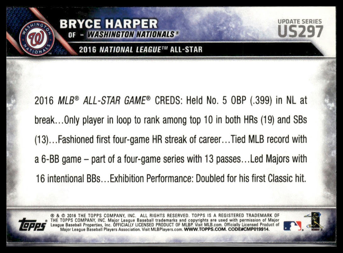 Bryce Harper #US297 2016 Topps Update Washington Nationals