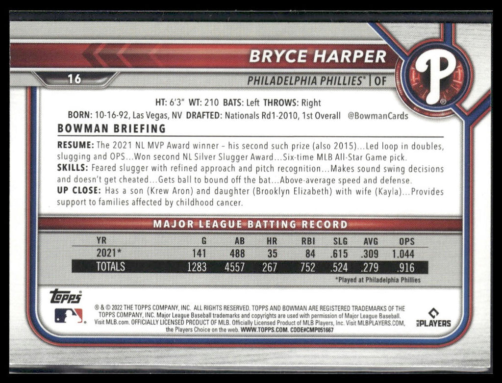 Bryce Harper #16 2022 Bowman Philadelphia Phillies