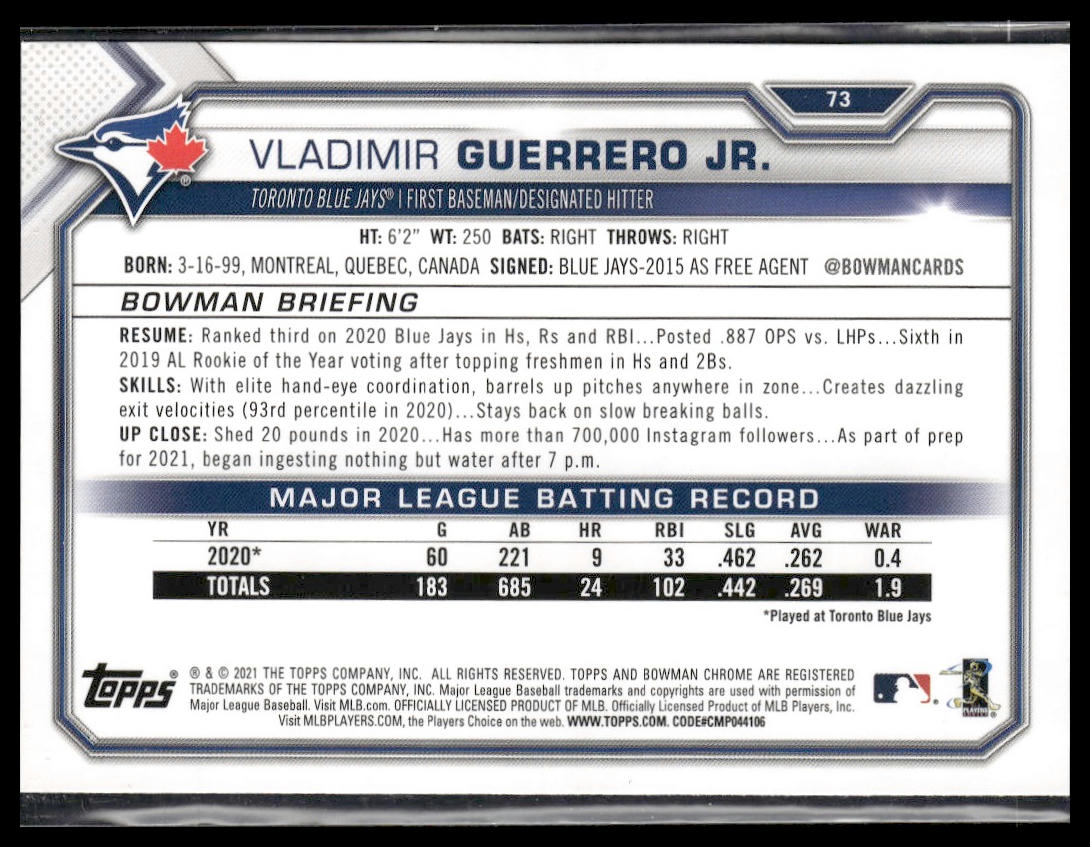 Vladimir Guerrero Jr. #73 2021 Bowman Toronto Blue Jays