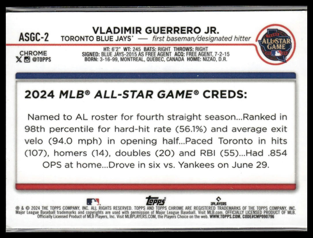 Vladimir Guerrero Jr. #ASGC-2 2024 All-Star Game 2024 Topps Chrome Blue Jays