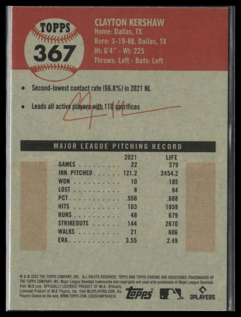 Clayton Kershaw #367 2022 Topps Chrome Platinum Anniversary Los Angeles Dodgers