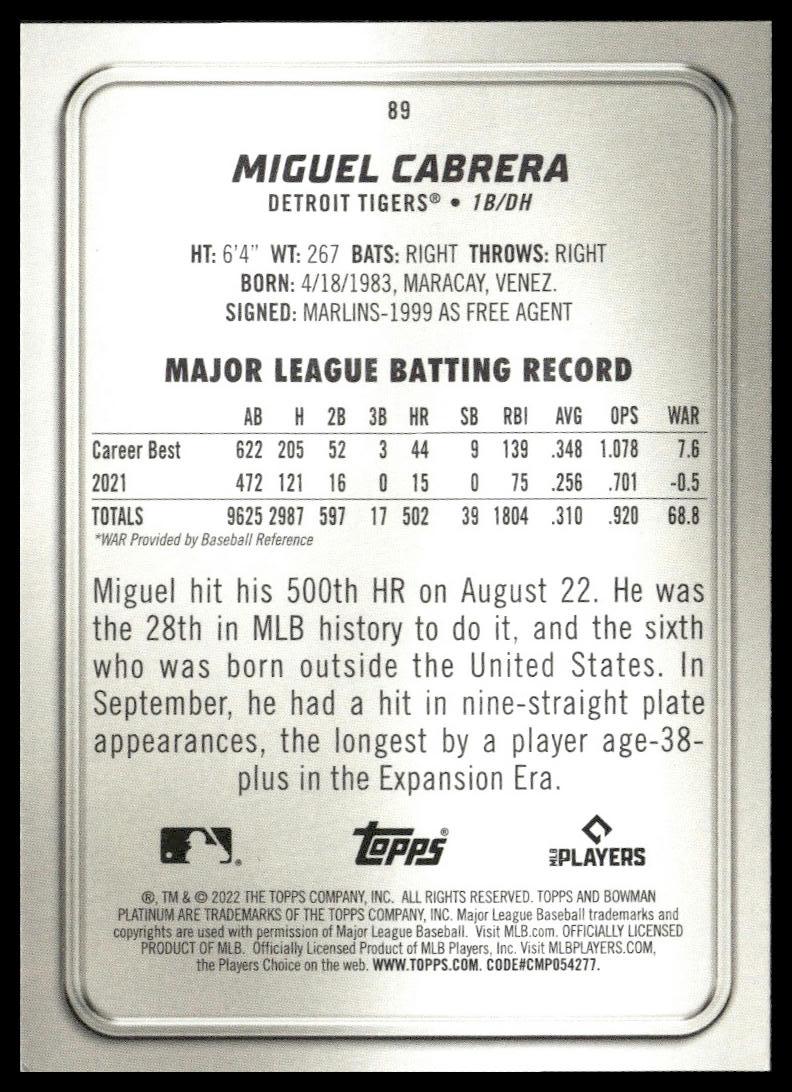 Miguel Cabrera #89 2022 Bowman Platinum Detroit Tigers