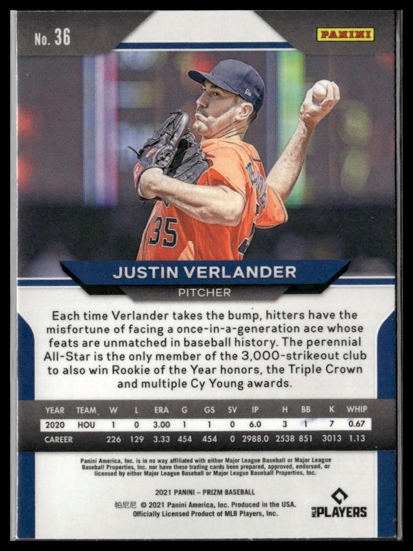 Justin Verlander #36 2021 Panini Prizm Houston Astros