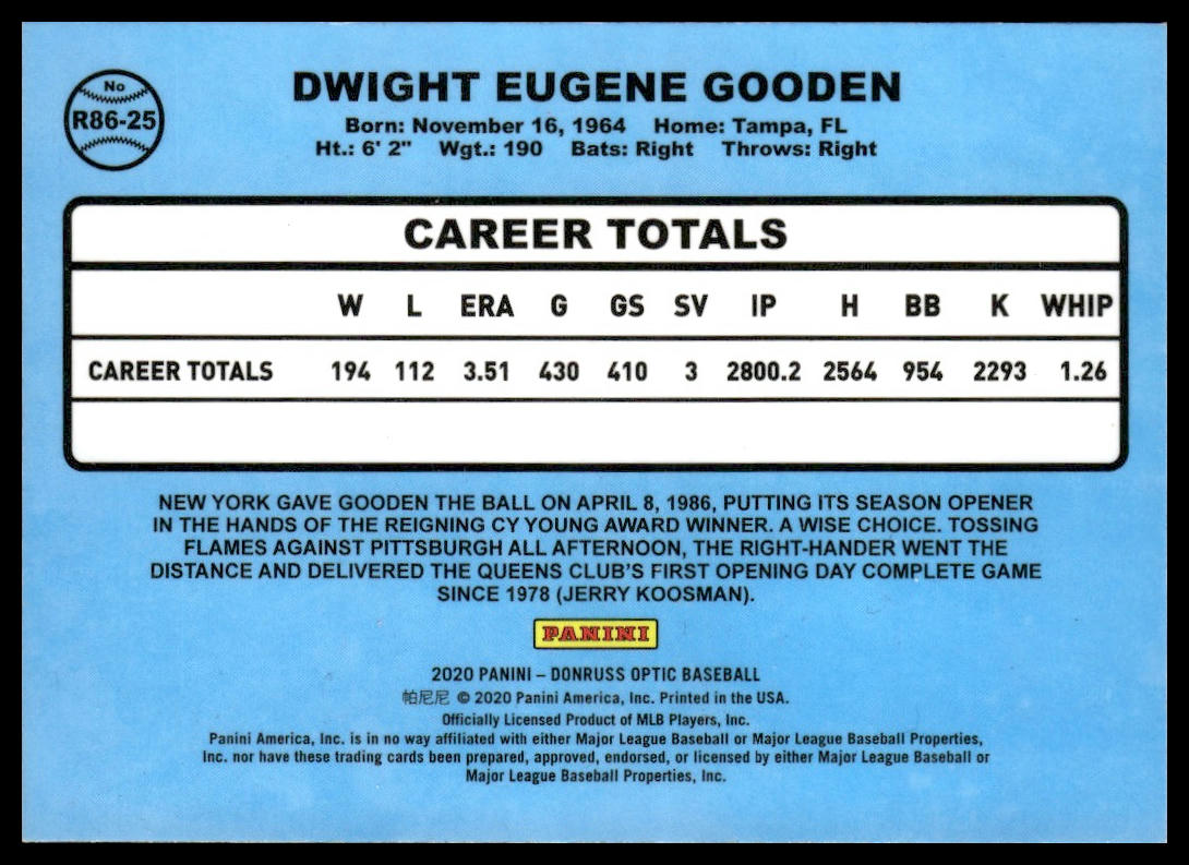 Dwight Gooden #R86-25 Retro 1986 2020 Donruss Optic New York Mets