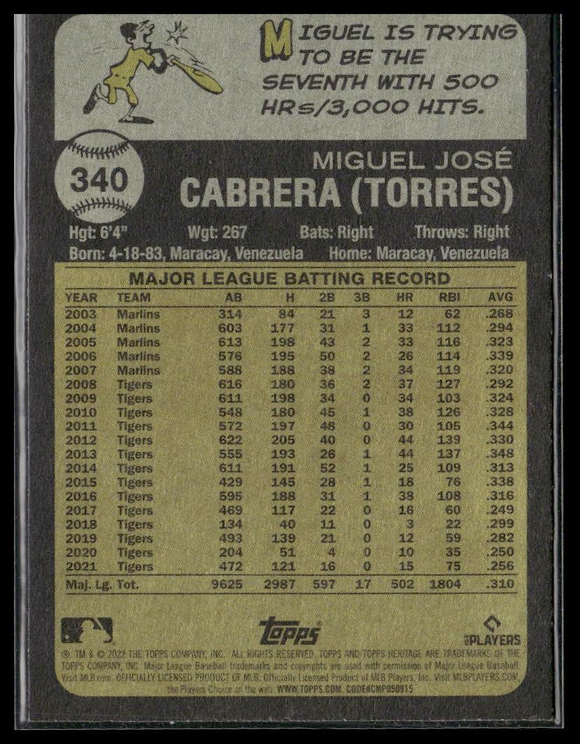 Miguel Cabrera #340 2022 Topps Heritage Detroit Tigers