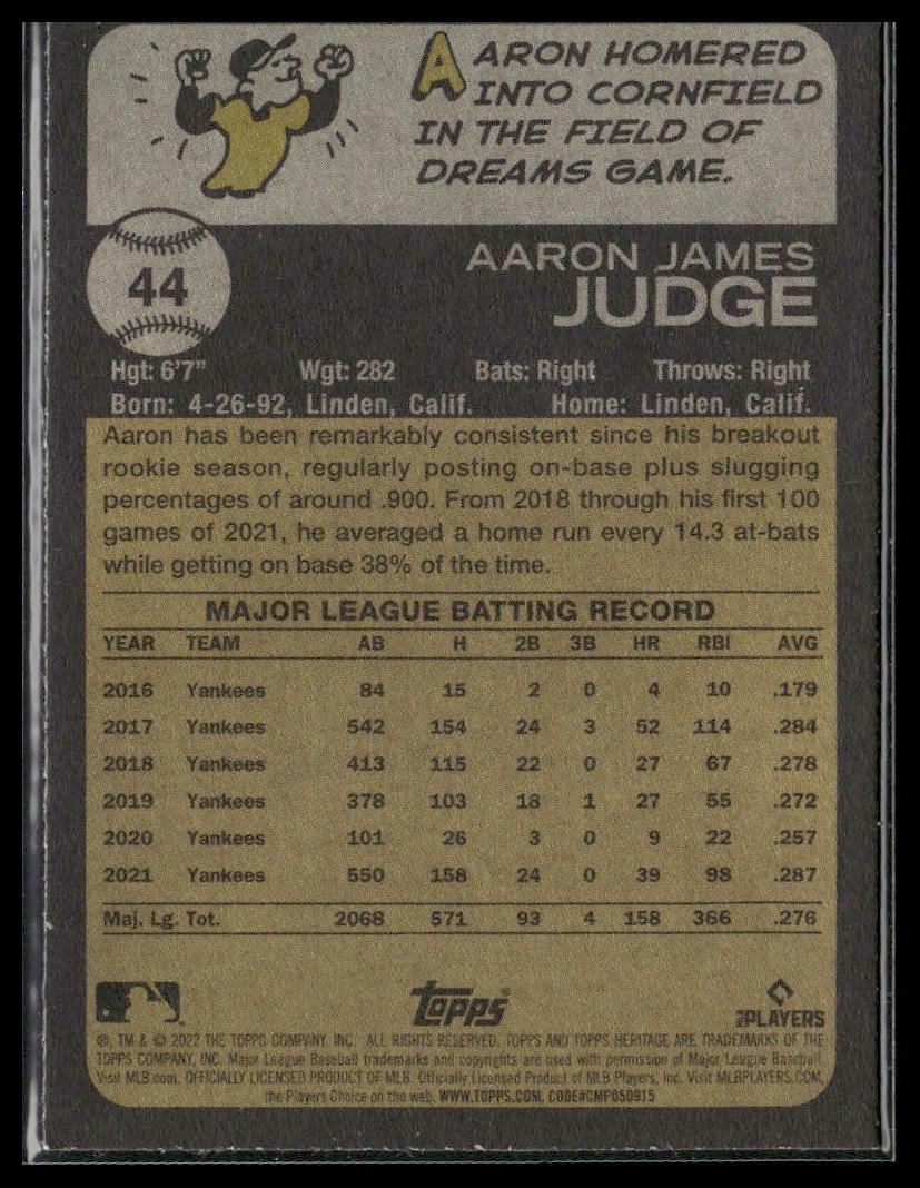 Aaron Judge #44 2022 Topps Heritage New York Yankees
