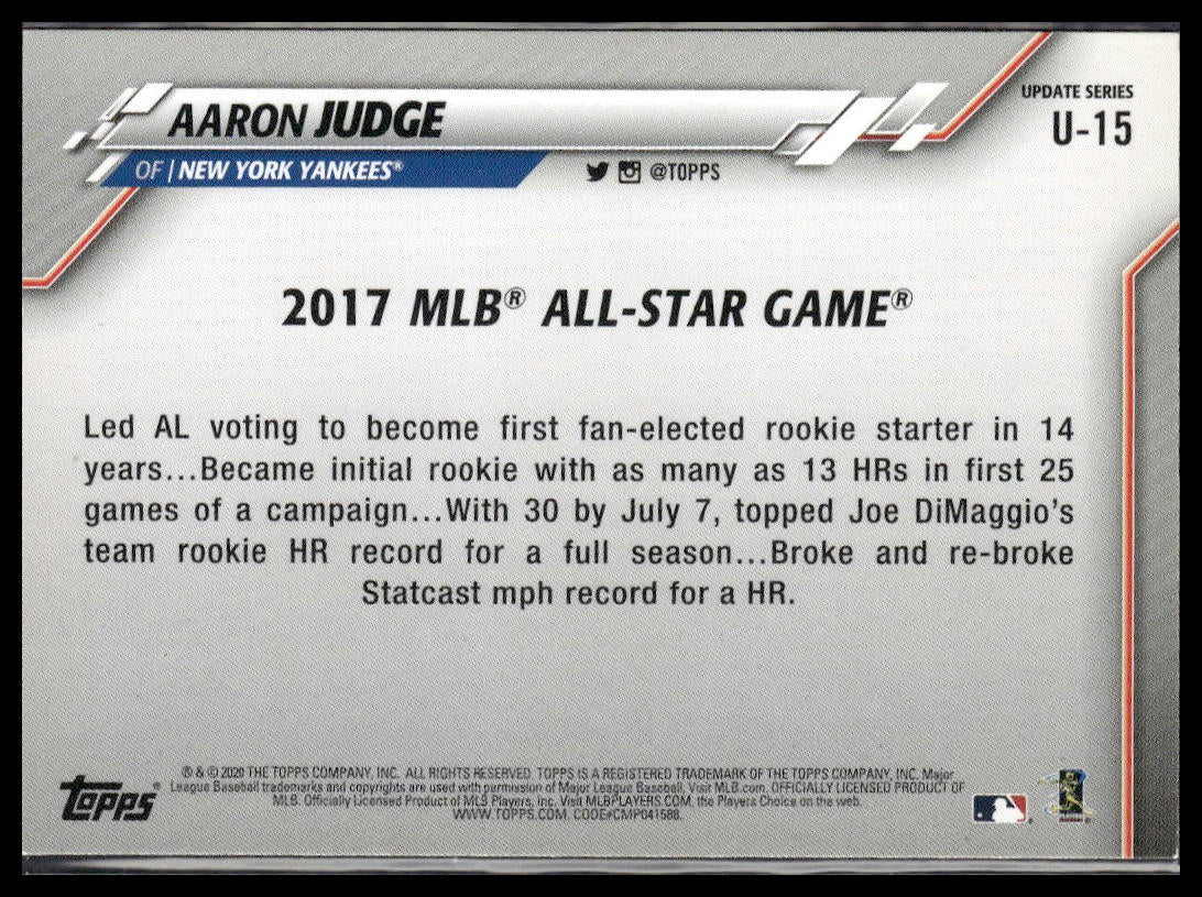 Aaron Judge #U-15 2020 Topps Update New York Yankees