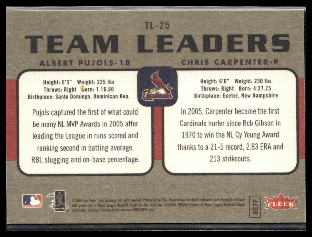 Albert Pujols / Chris Carpenter #TL-25 Team Leaders 2006 Fleer Cardinals