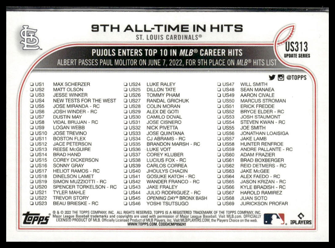 9th All-Time In Hits (Albert Pujols) #US313 2022 Topps St. Louis Cardinals