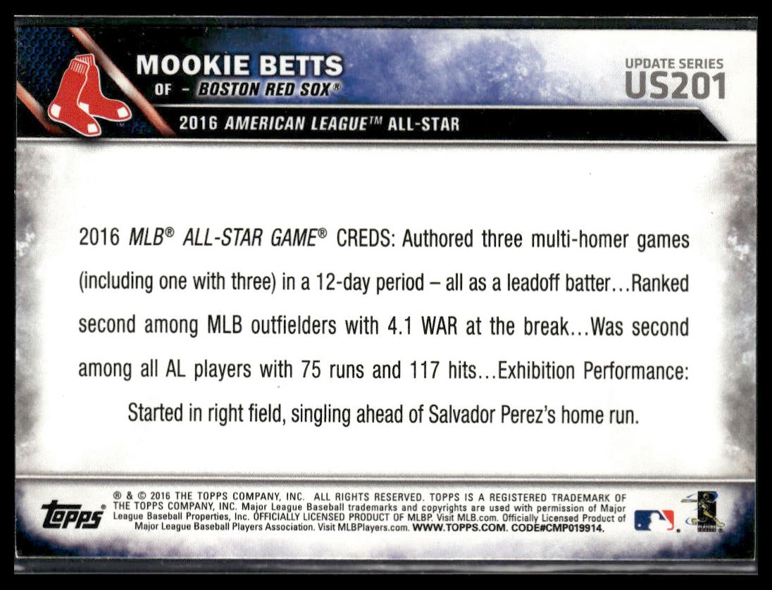 Mookie Betts #US201 2016 Topps Update Boston Red Sox