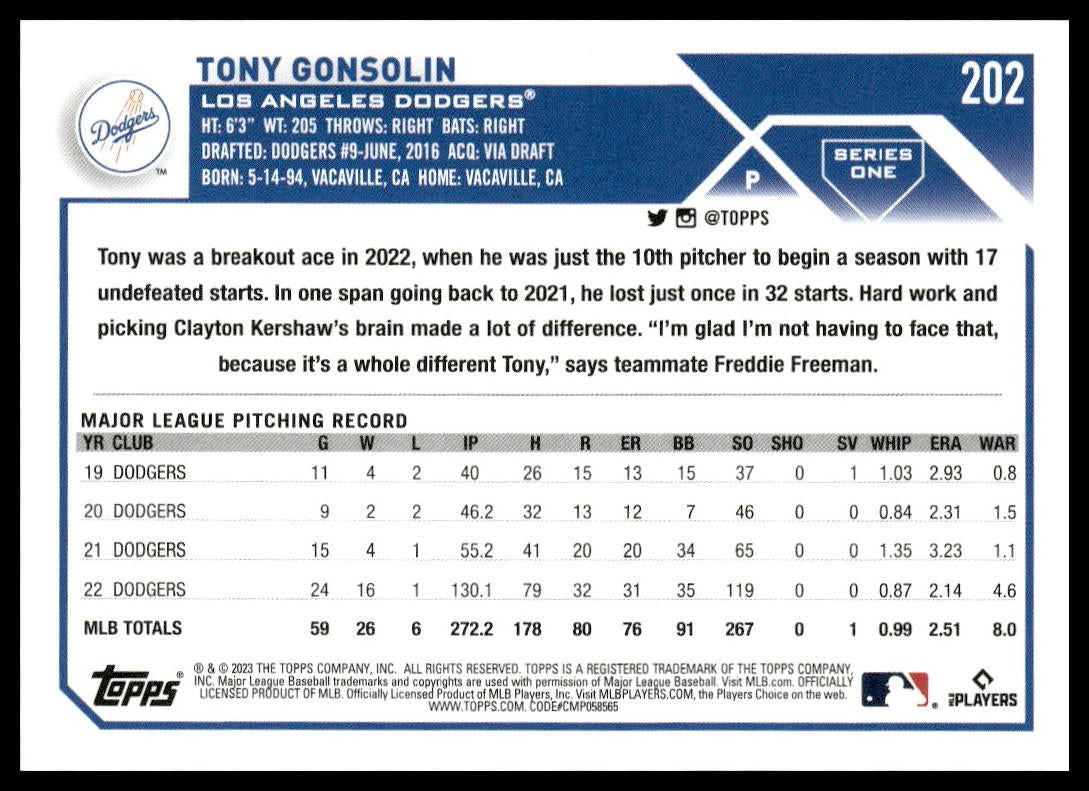 Tony Gonsolin #202 2023 Topps Los Angeles Dodgers