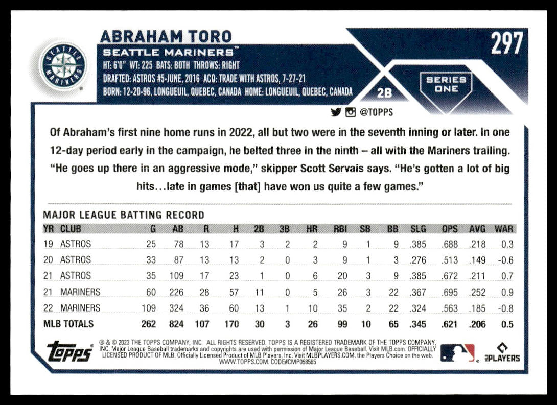 Abraham Toro #297 2023 Topps Seattle Mariners