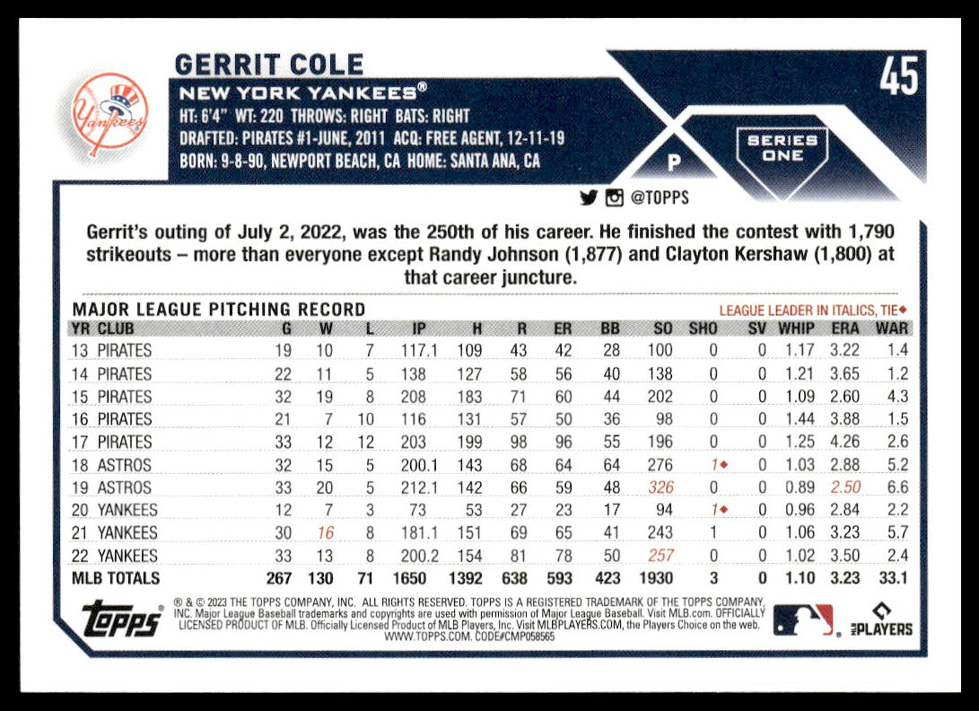 Gerrit Cole #45 2023 Topps New York Yankees