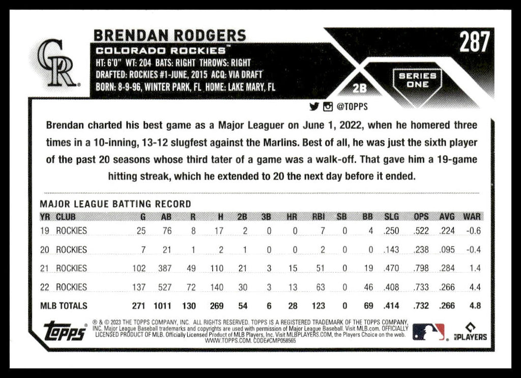 Brendan Rodgers #287 2023 Topps Colorado Rockies
