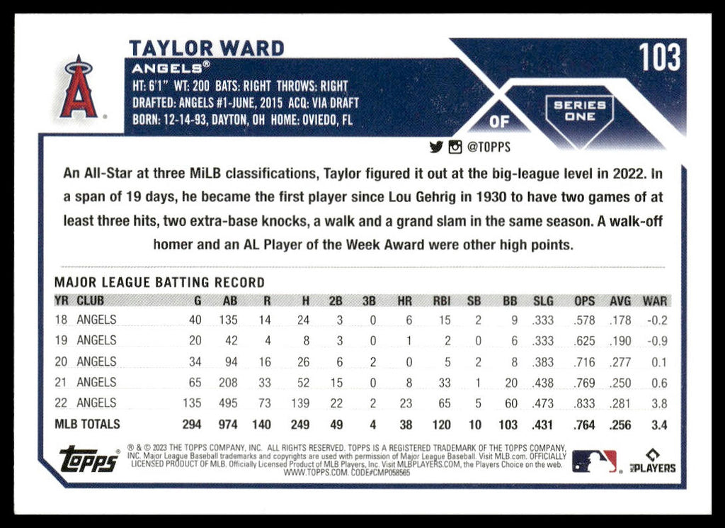 Taylor Ward #103 2023 Topps Los Angeles Angels