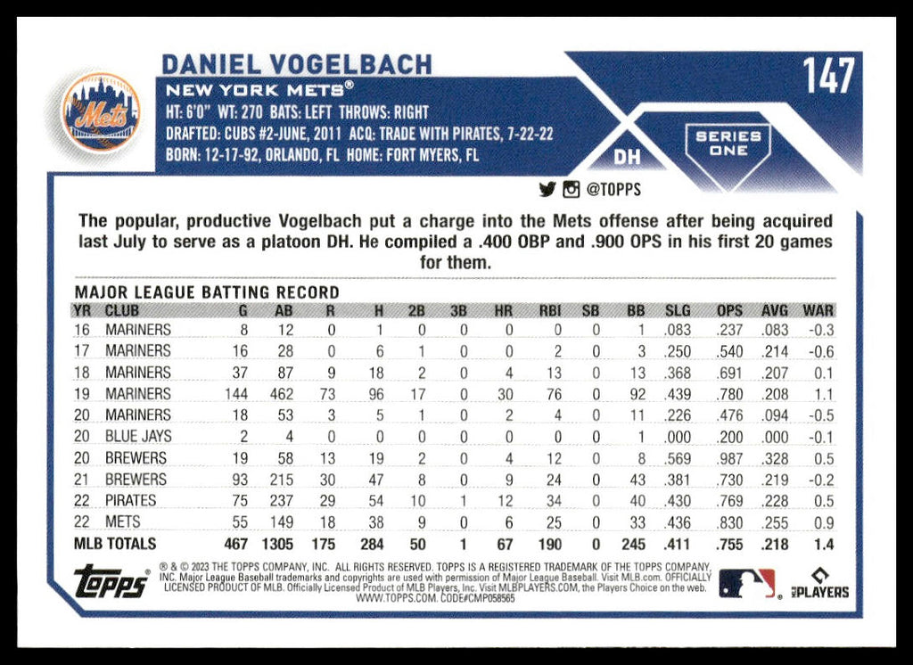Daniel Vogelbach #147 2023 Topps New York Mets