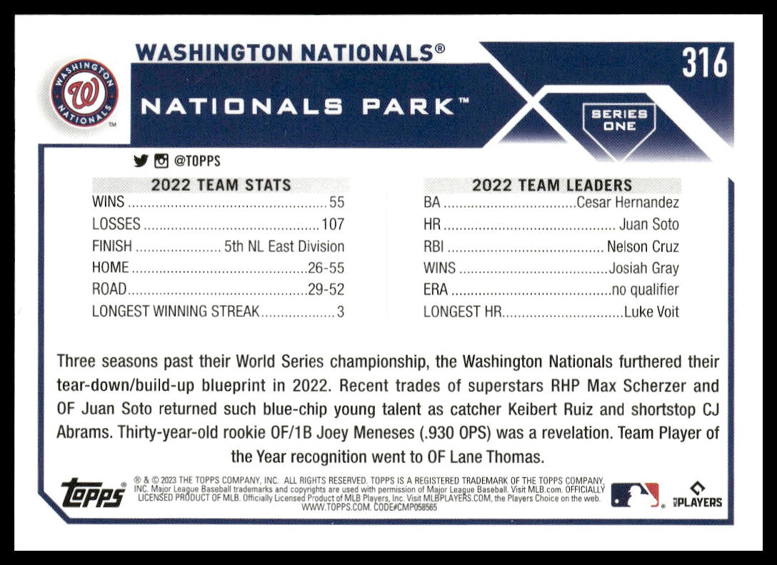 Washington Nationals #316 2023 Topps Washington Nationals