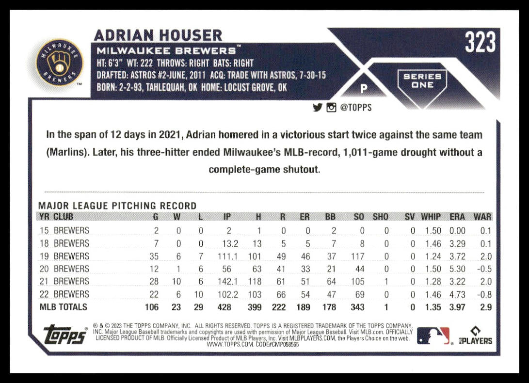 Adrian Houser #323 2023 Topps Milwaukee Brewers