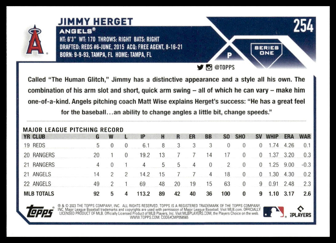 Jimmy Herget #254 2023 Topps Los Angeles Angels RC