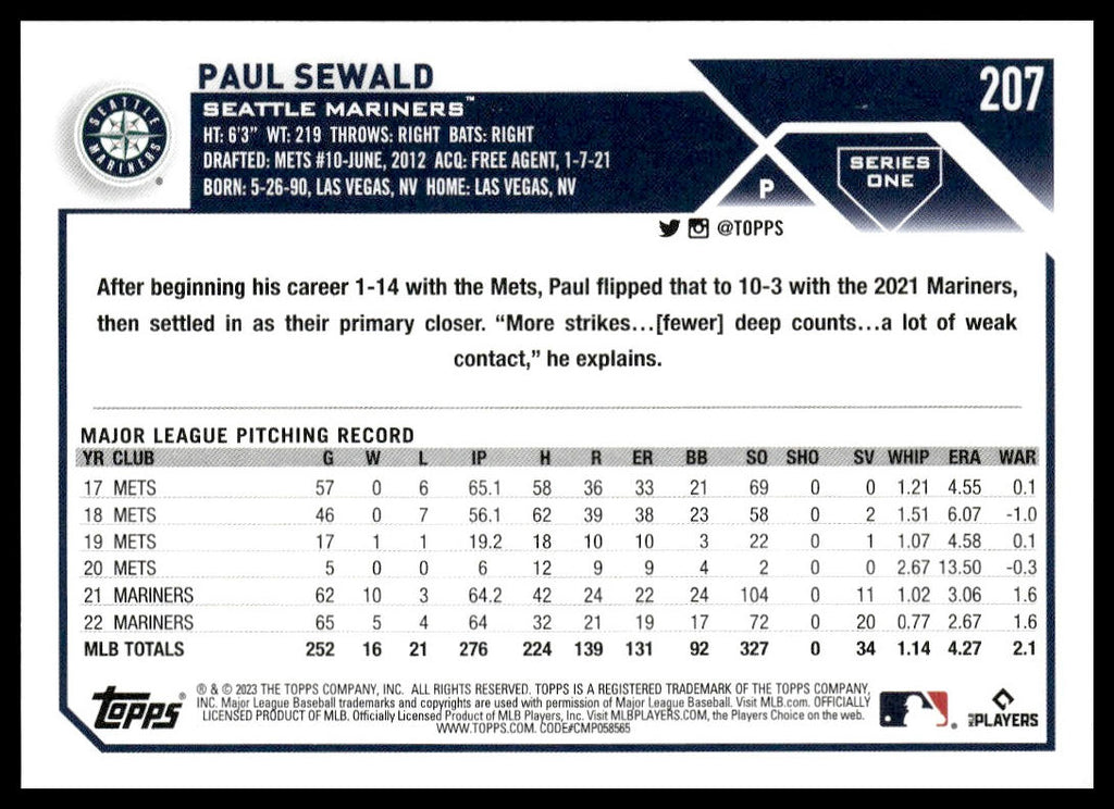 Paul Sewald #207 2023 Topps Seattle Mariners