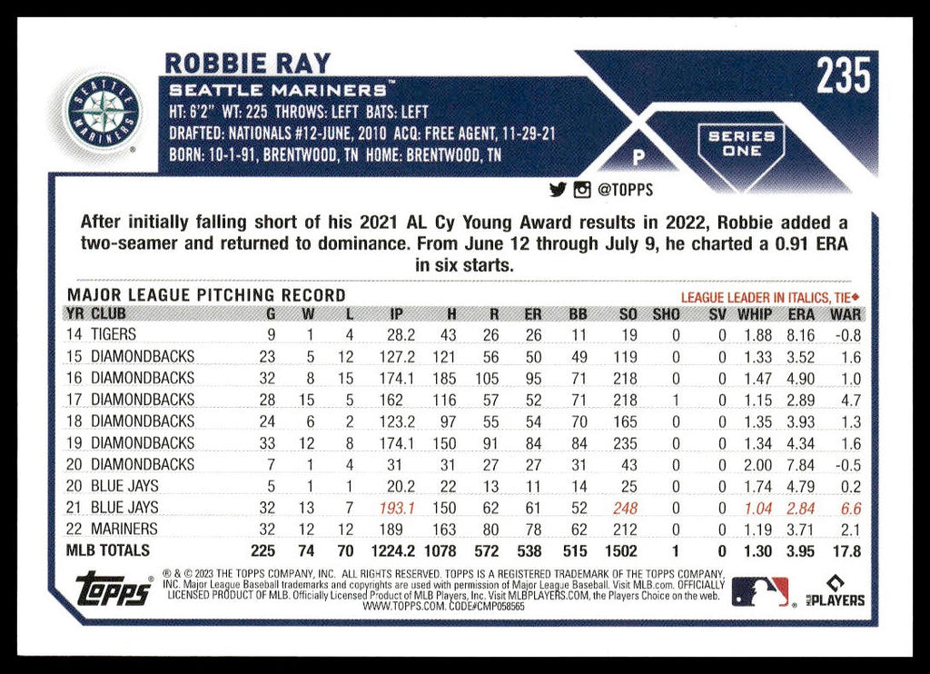 Robbie Ray #235 2023 Topps Seattle Mariners