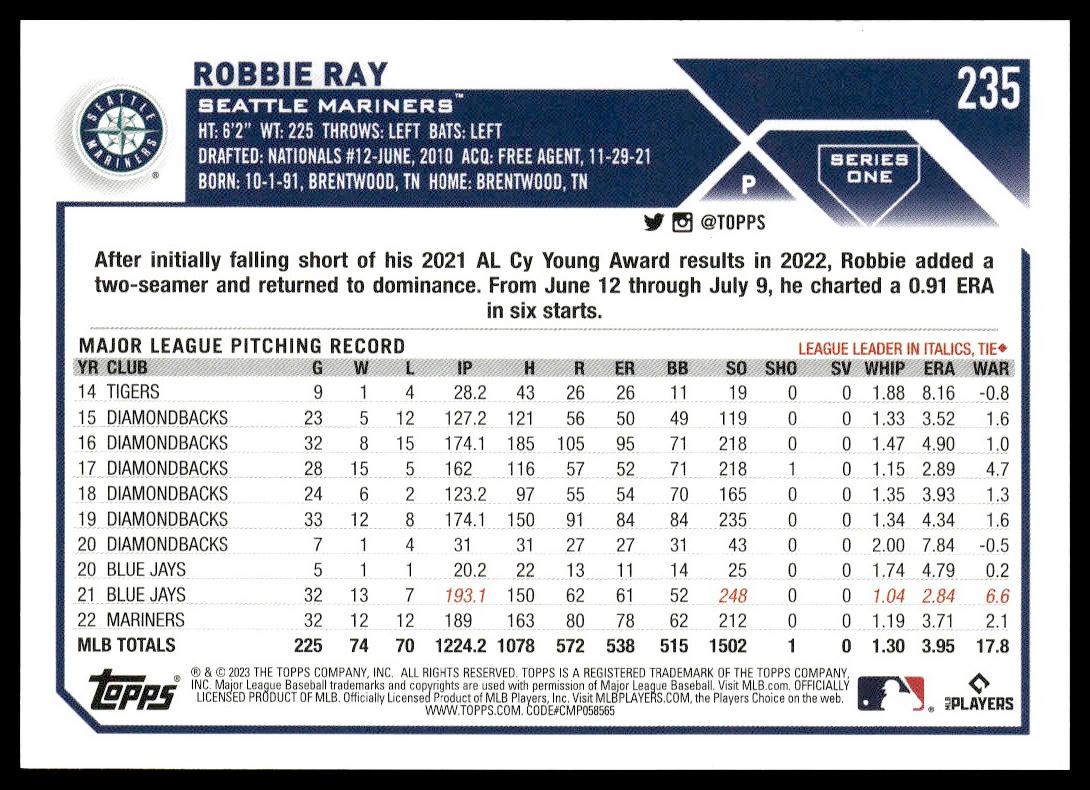 Robbie Ray #235 2023 Topps Seattle Mariners