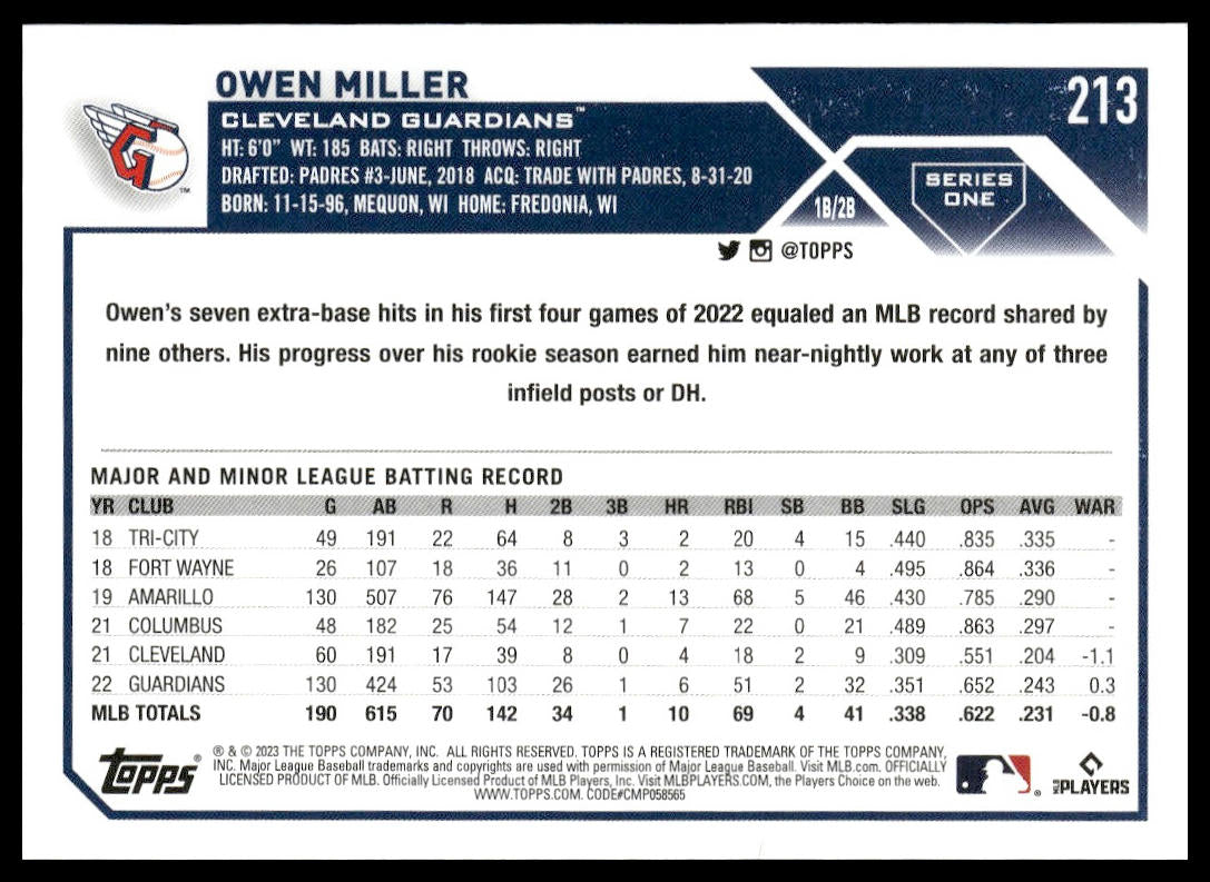 Owen Miller #213 2023 Topps Cleveland Guardians