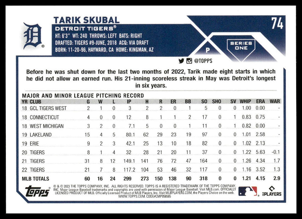 Tarik Skubal #74 2023 Topps Detroit Tigers