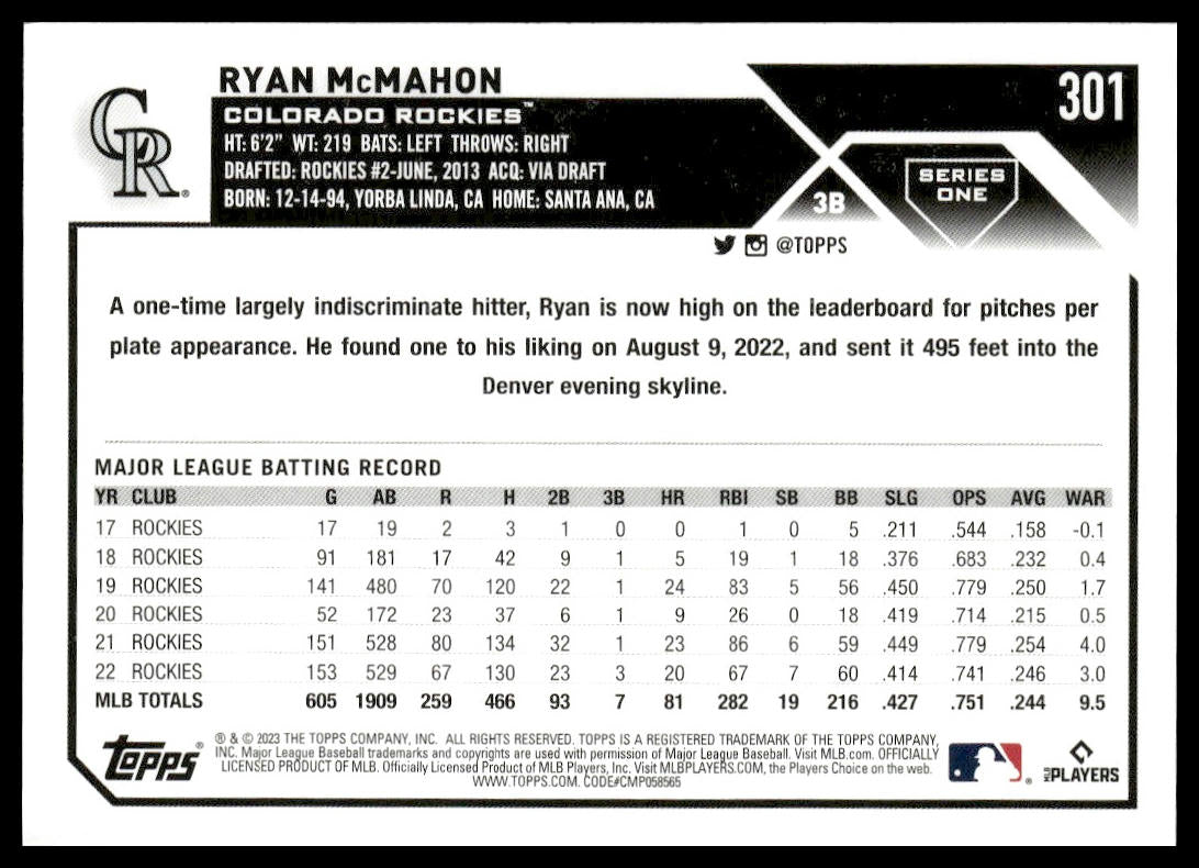 Ryan McMahon #301 2023 Topps Colorado Rockies