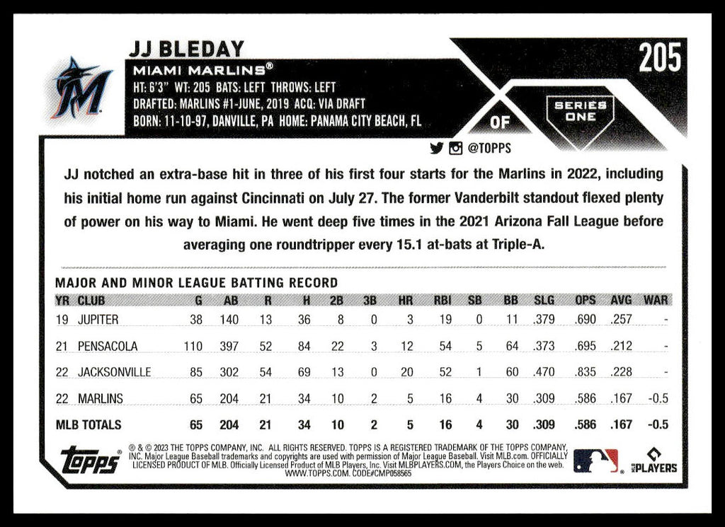 JJ Bleday #205 2023 Topps Miami Marlins RC