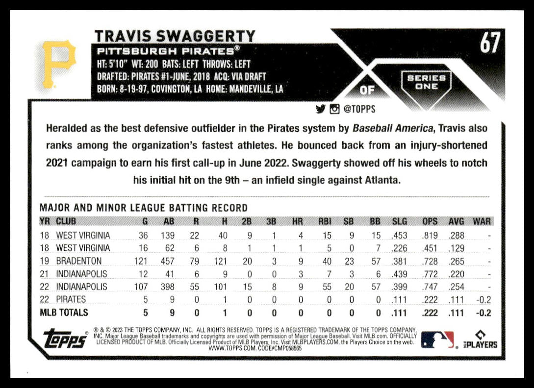 Travis Swaggerty #67 2023 Topps Pittsburgh Pirates RC