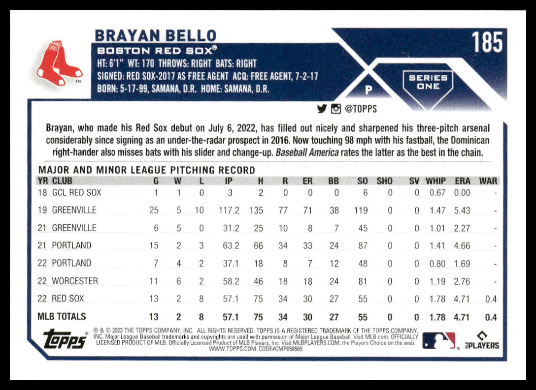 Brayan Bello #185 2023 Topps Boston Red Sox RC