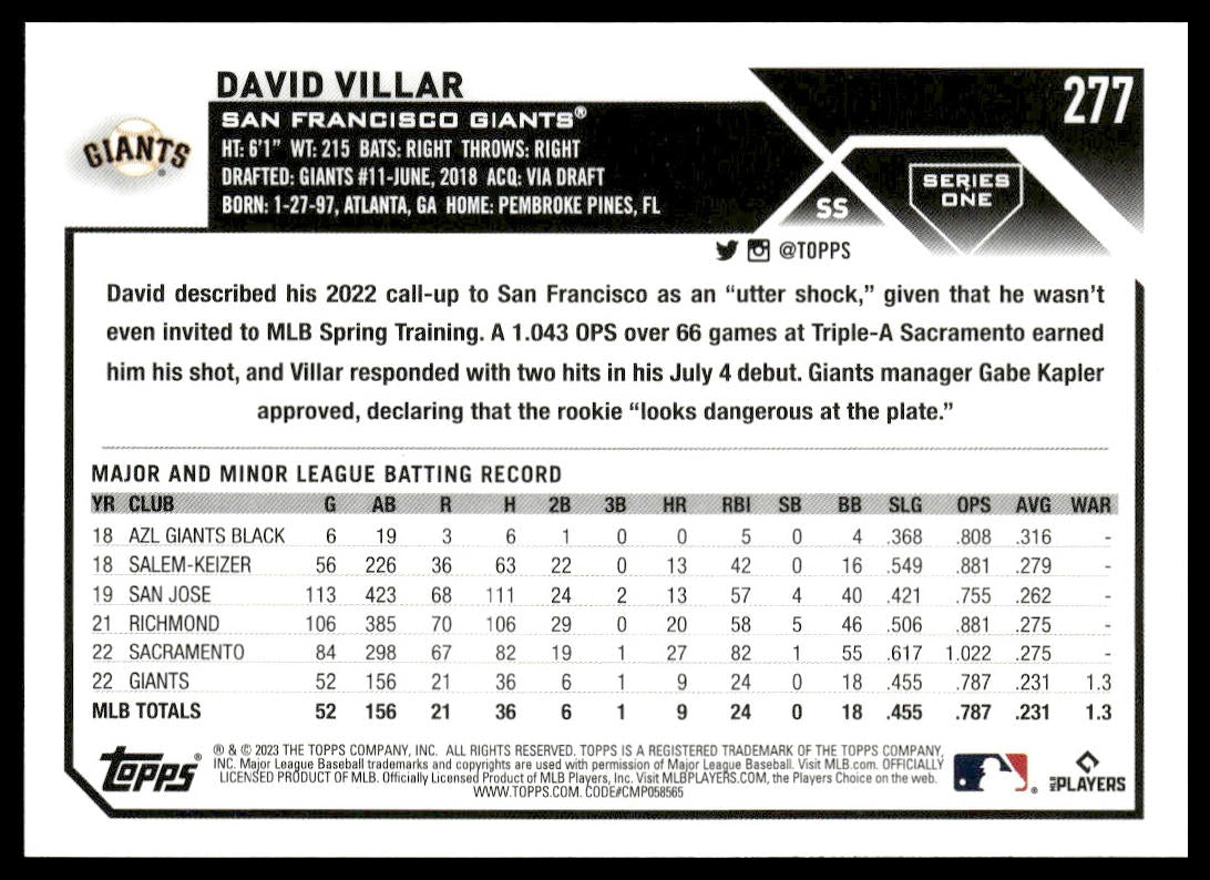 David Villar #277 2023 Topps San Francisco Giants RC