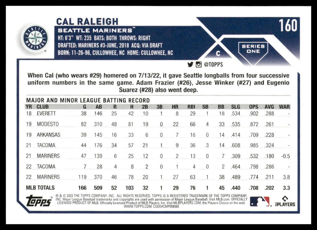 Cal Raleigh #160 2023 Topps Seattle Mariners