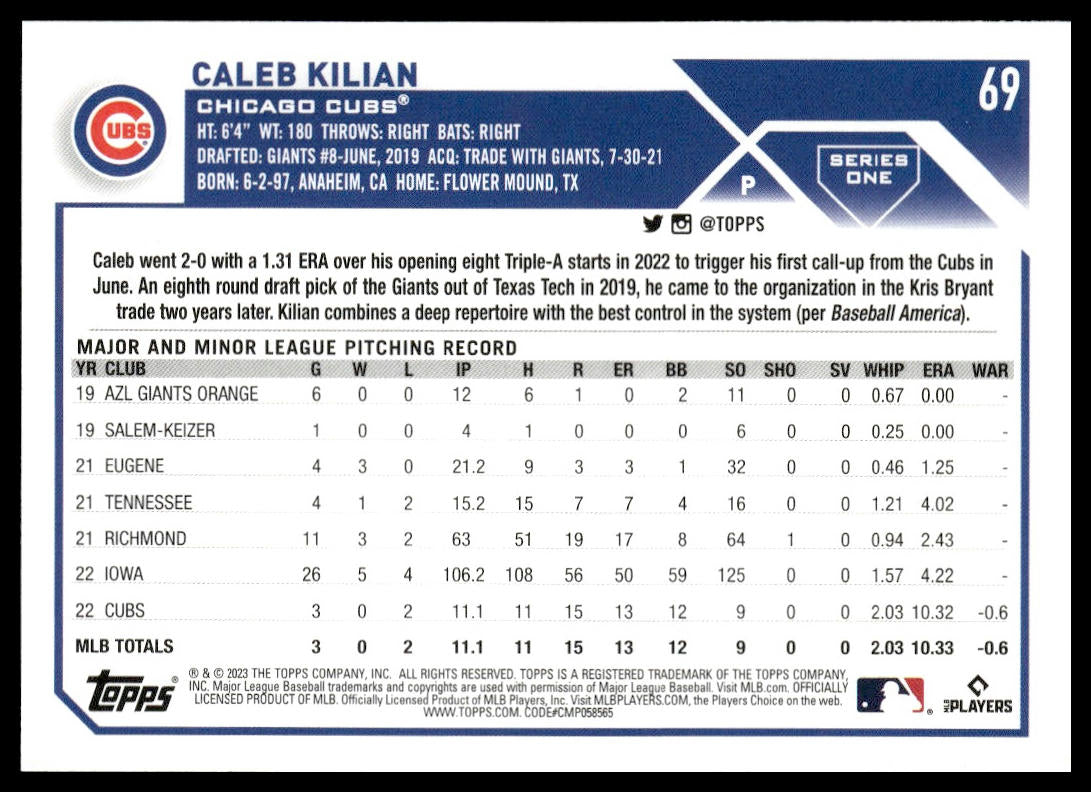 Caleb Kilian #69 2023 Topps Chicago Cubs RC