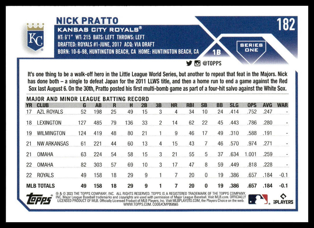 Nick Pratto #182 2023 Topps Kansas City Royals RC