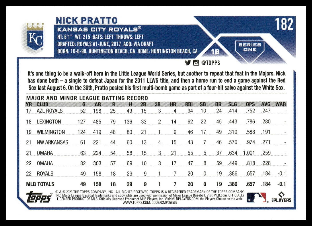 Nick Pratto #182 2023 Topps Kansas City Royals RC