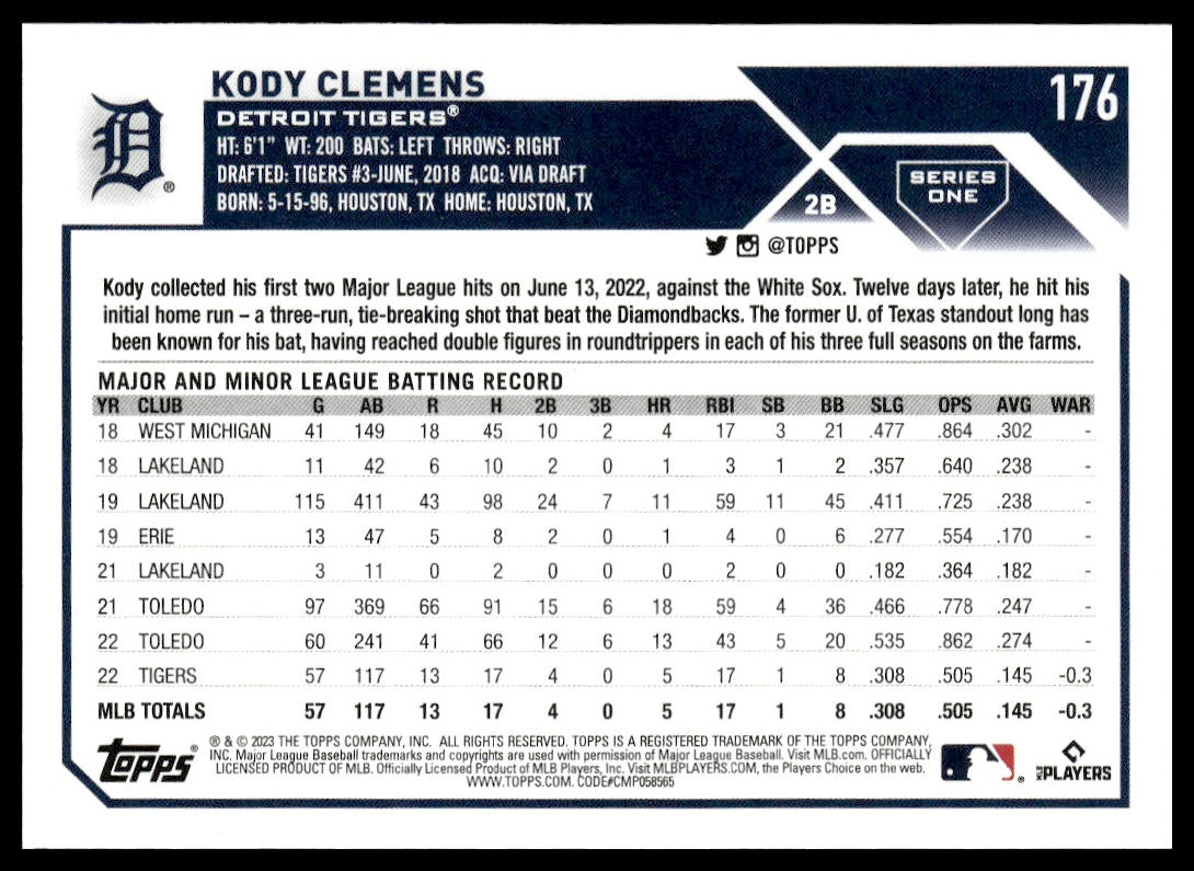 Kody Clemens #176 2023 Topps Detroit Tigers RC