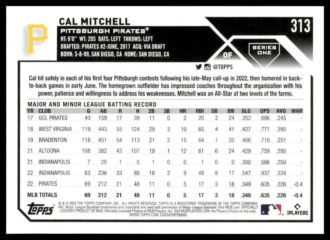 Cal Mitchell #313 2023 Topps Pittsburgh Pirates RC