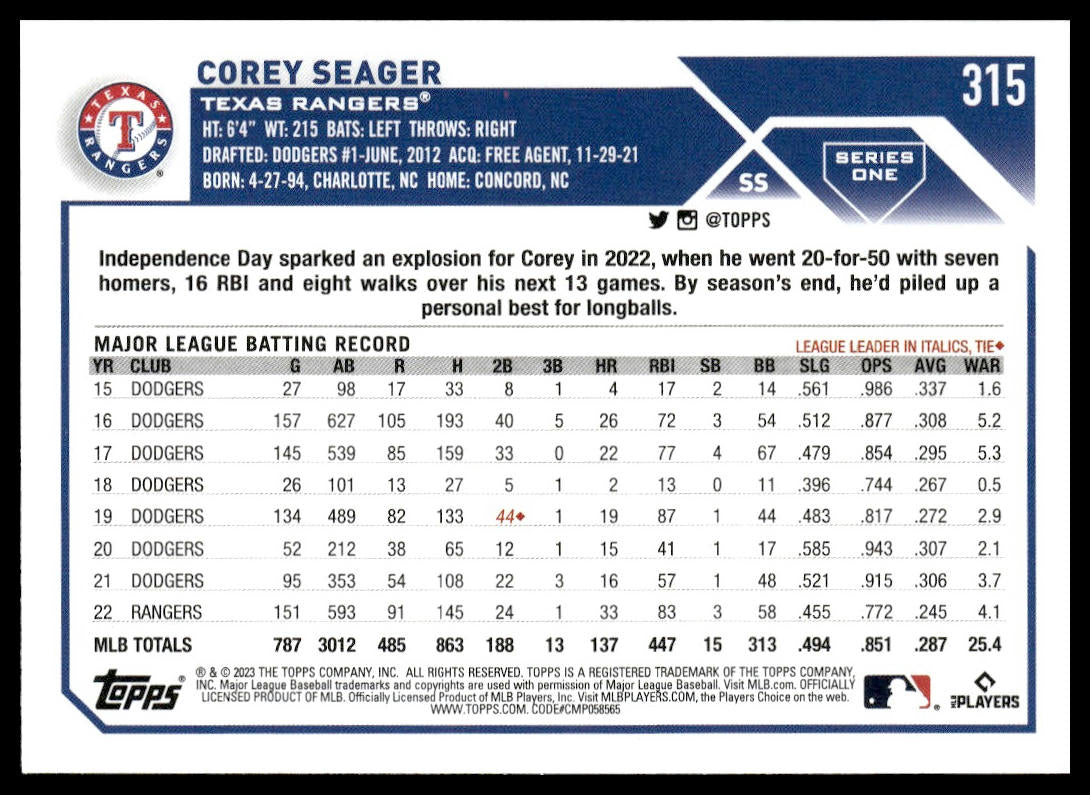 Corey Seager #315 2023 Topps Texas Rangers