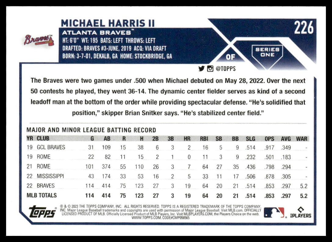 Michael Harris II #226 2023 Topps Atlanta Braves RC