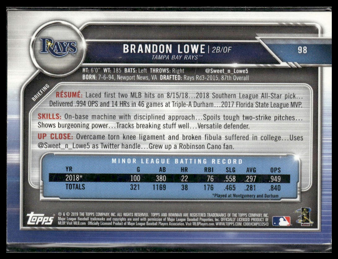 Brandon Lowe #98 2019 Bowman Tampa Bay Rays RC