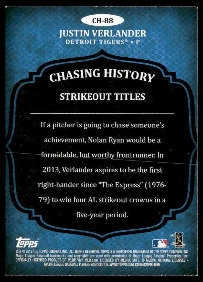 Justin Verlander #CH-88 Chasing History Gold Foil 2013 Topps Detroit Tigers