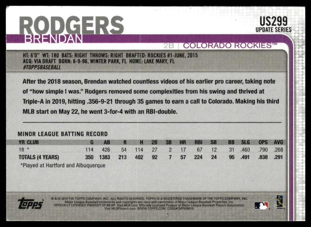 Brendan Rodgers #US299 2019 Topps Update Colorado Rockies RC